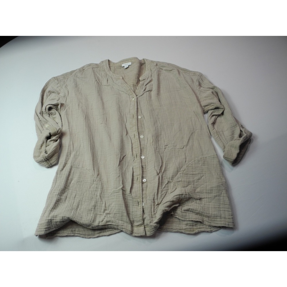 Pure Jill Shirt Womens Medium Tall Beige Button Up 100% Cotton Gauze Long Sleeve